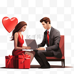 电脑中的女人给男人送心形礼物