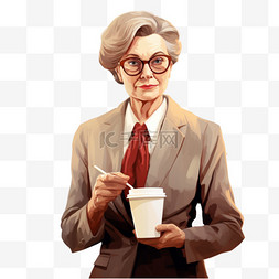 拿咖啡的女图片_戴眼镜和西装的老女商人拿着纸咖
