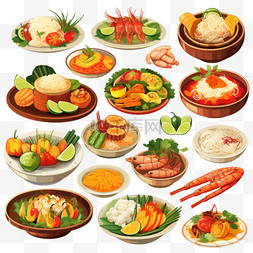 电烤盘直通车图片_插图图标集泰国菜，包括泰餐，木