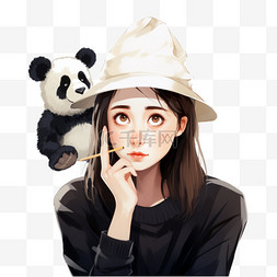熊猫的耳朵图片_戴着熊猫耳朵帽子的女孩在想一个
