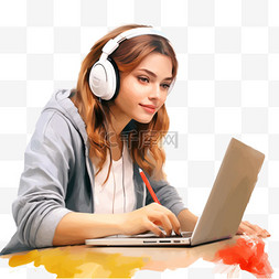戴耳机的年轻女性使用笔记本电脑