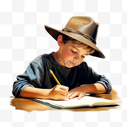 戴帽子的男孩写一本书
