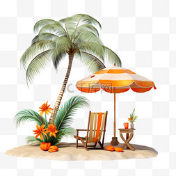 沙滩椅平面素材图片_夏日露台陈列堆沙花椰树沙滩伞沙