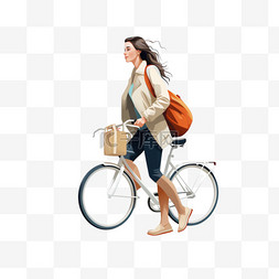 保温想wing也图片_带着自行车和保温袋走路的年轻女