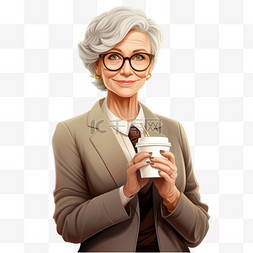 戴眼镜和西装的老女商人拿着纸咖