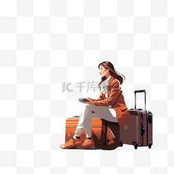 看着手图片_带着手提箱的女人坐在机场附近，