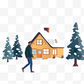 冬天的房子和一个拿着圣诞树的人