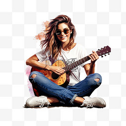 戴墨镜的女孩坐在吉他旁，展示 v 