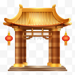 中国金色建筑图片_中式亭廊国风建筑插画元素