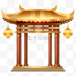 建筑金色数字图片_中式古风亭廊中国风建筑插画元素