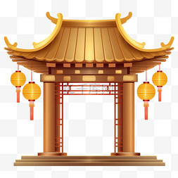 中国金色建筑图片_中式亭廊中国风建筑插画装饰元素