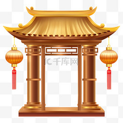 中式金色亭廊中国风建筑插画元素