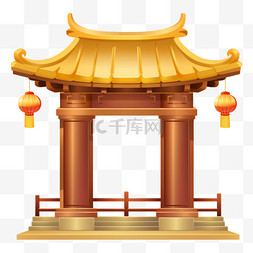 建筑金色数字图片_中式亭廊中国风建筑插画节日元素