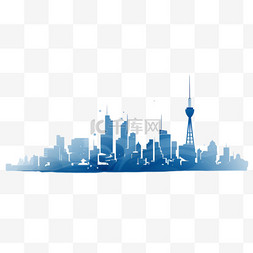 城市天际线插图，蓝色城市剪影。