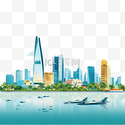 蓝色背景城市图片_越南胡志明河内等天际线与天空全