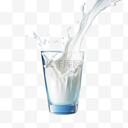 牛奶杯牛奶图片_逼真的透明眼镜，蓝色背景上有倒