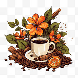 热带手绘叶图片_咖啡树枝，有水果和鲜花，手绘插