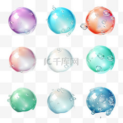 球体水图片_透明的彩色肥皂泡设置在格子背景