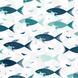 手绘蓝色墙纸图片_手绘鱼无缝背景图案。