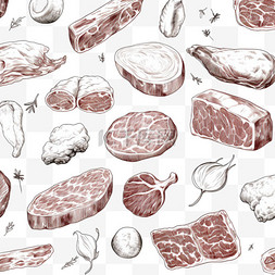 动物抽象装饰图案图片_肉黑白素描牛肉猪肉无缝图案
