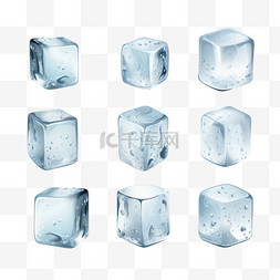 冰冻饮料水图片_逼真的冷固体冰块集，冰块带着水