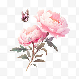 粉色花瓣素材图片_粉色飞舞的蝴蝶手绘盛开牡丹花元