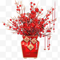 新年花瓶图片_银柳新年红色摆件免抠元素