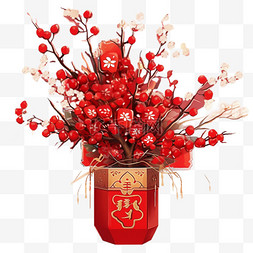 花瓶新年图片_红色的银柳摆件免抠元素新年