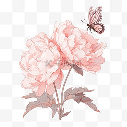 盛开粉色飞舞的蝴蝶手绘牡丹花元