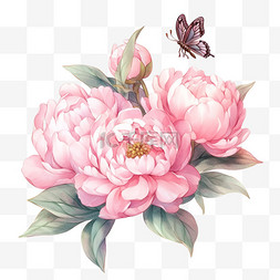 牡丹花元素蝴蝶盛开粉色手绘