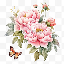 牡丹花蝴蝶元素盛开粉色手绘