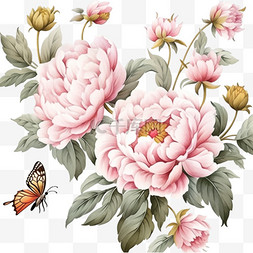 盛开的粉色花瓣图片_盛开牡丹花粉色飞舞的蝴蝶元素手