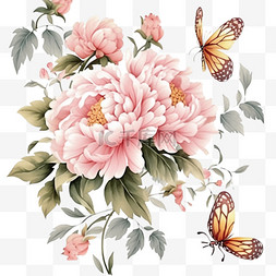 粉色牡丹花盛开飞舞的蝴蝶手绘元