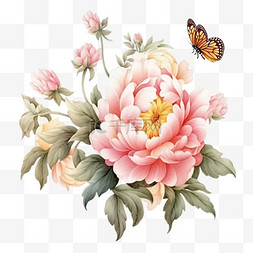 蝴蝶牡丹花盛开粉色元素手绘