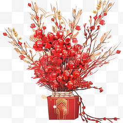 金色花瓶图片_新年红色的银柳免抠摆件元素