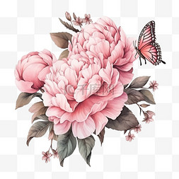 蝴蝶牡丹花元素盛开粉色手绘