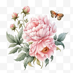 蝴蝶牡丹花盛开粉色手绘元素