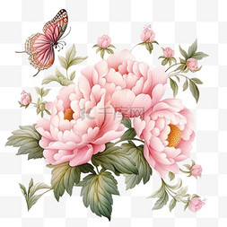 牡丹花盛开粉色飞舞的蝴蝶手绘元
