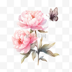 粉色渐变纯色图片_盛开粉色飞舞的蝴蝶手绘元素牡丹