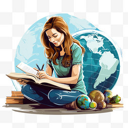 女人用书和地球仪研究地理