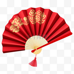 折扇银箔图片_中式红色折扇春节节日装饰元素