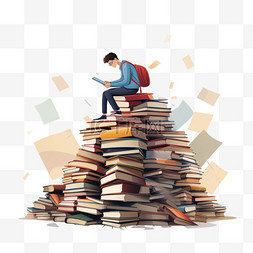 站在书堆上图片_爬上巨型书堆的学生