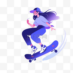 滑板鞋蓝色图片_滑板竞技运动员亚运会蓝色扁平风