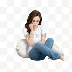 抱枕头的女人图片_女人坐着抱着枕头，想着改善她的