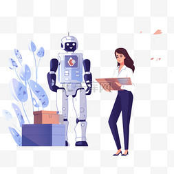女人站在盒子旁边，机器人在附近