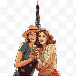 女游客在埃菲尔铁塔前自拍