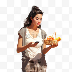 拿着手机的女孩图片_提着篮子的女孩从手机里拿食物