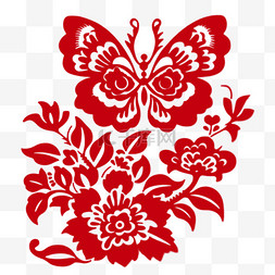 蝴蝶花朵红色剪纸装饰元素