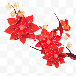 新年红色剪纸立体梅花手绘元素