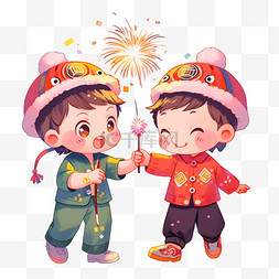 新年场景卡通图片_手绘两个可爱的孩子放烟花卡通元
